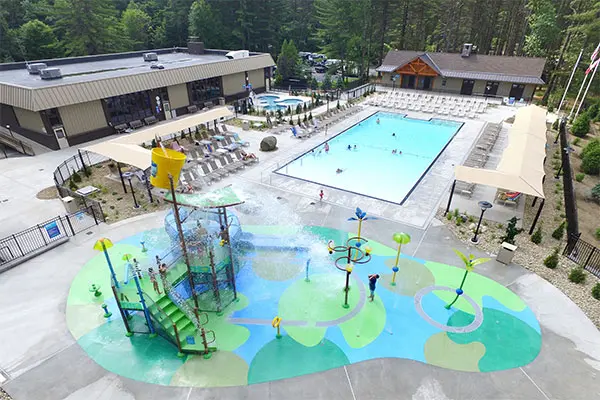 Aerial view of Lake George RV Park's Pools and amenities